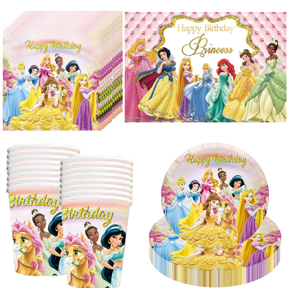 

New Disney Princess Party Decorations Disposable Tableware Plates Tablecloth For Girls Birthday Party Baby Shower Supplies Gifts