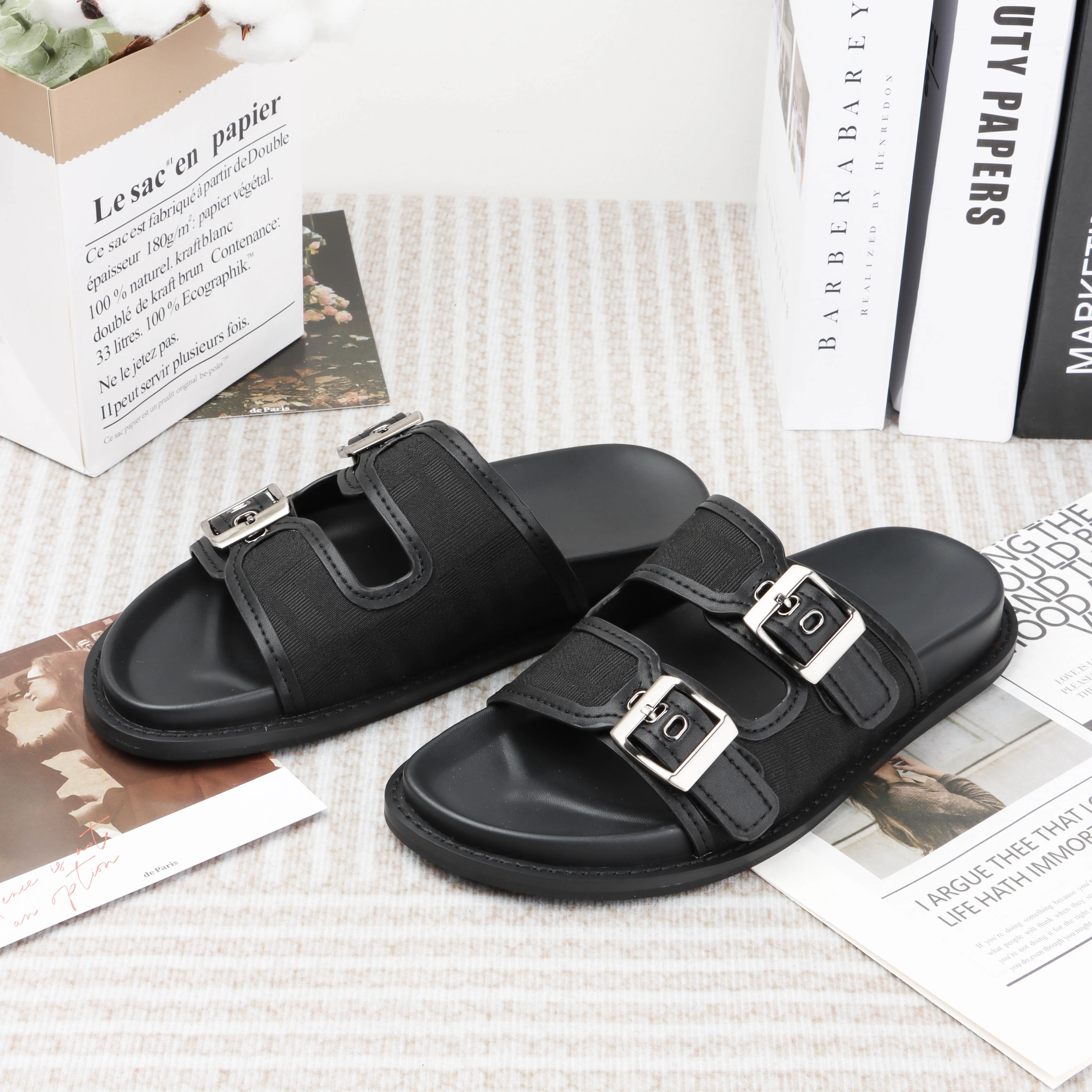 

Slippers for Women 2023 Luxury Designer Shoes Brand high Quality Classic Comfortable Brown Leather and Fabric Feel Sandals Men