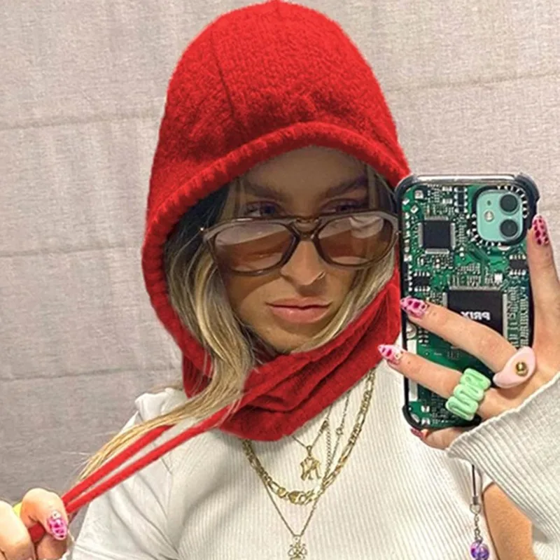 

Women Warm Hooded Scarf Hat Balaclava Pullover Knitted Beanie Hat with Drawstring Goth E Girl Caps Accessories