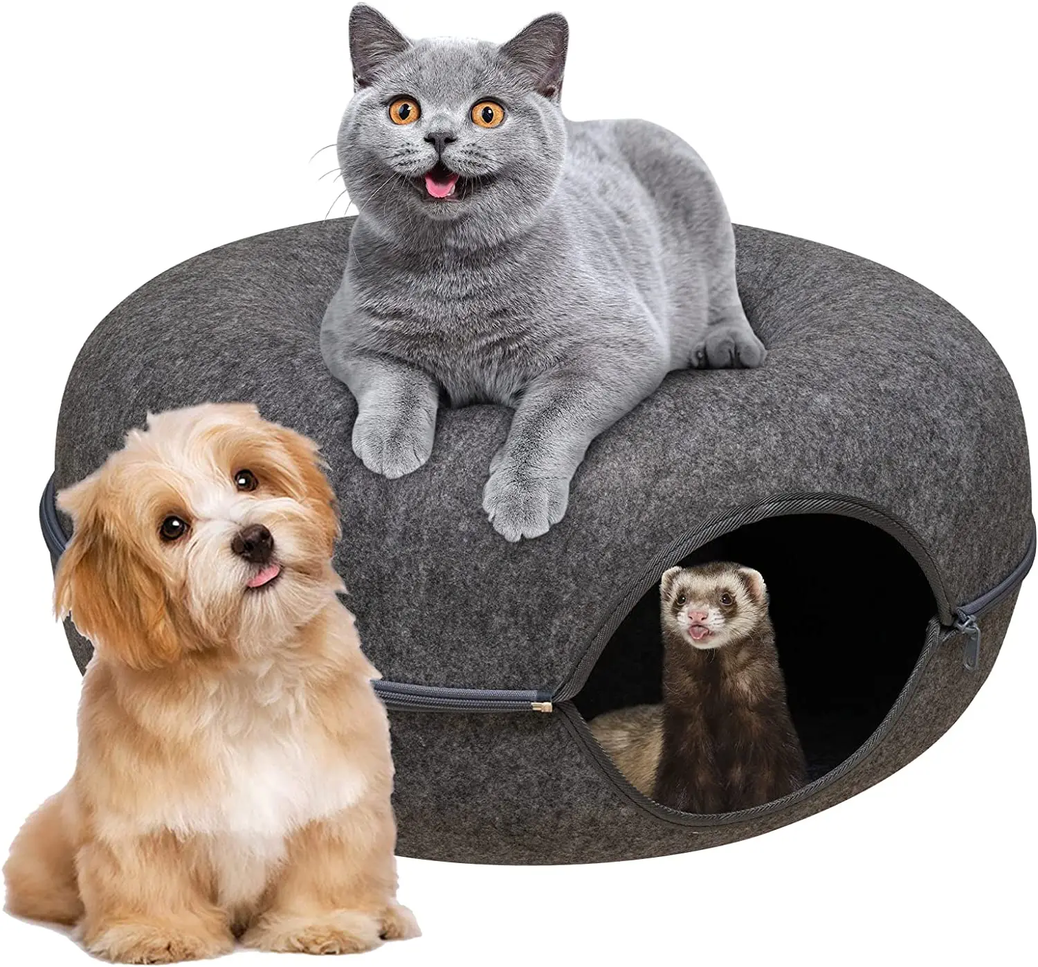 

YANZAI Tunnel Bed for Cats Cave Donut Cat House Interactive Game Toy Tube Playground Detachable Round Wool Felt Pet Fossa