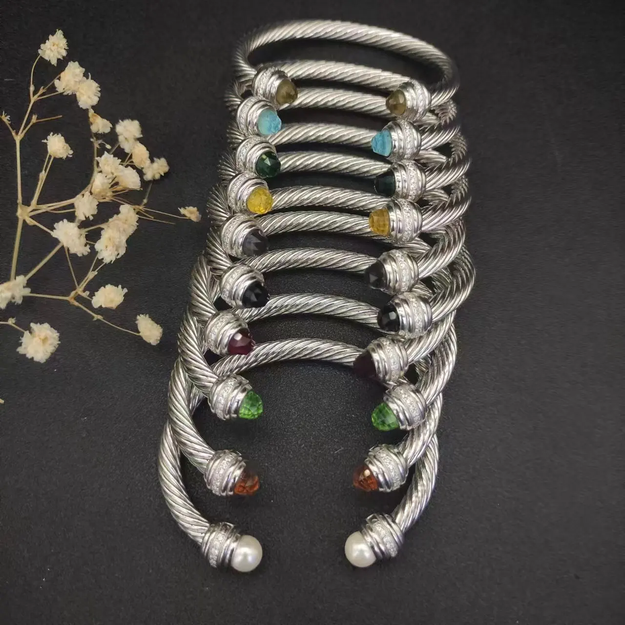 7MM Cable Classic David Yurman S925 Sterling Silver Black Onyx And Paved Diamond Bracelet For Men's Jewelry Gift