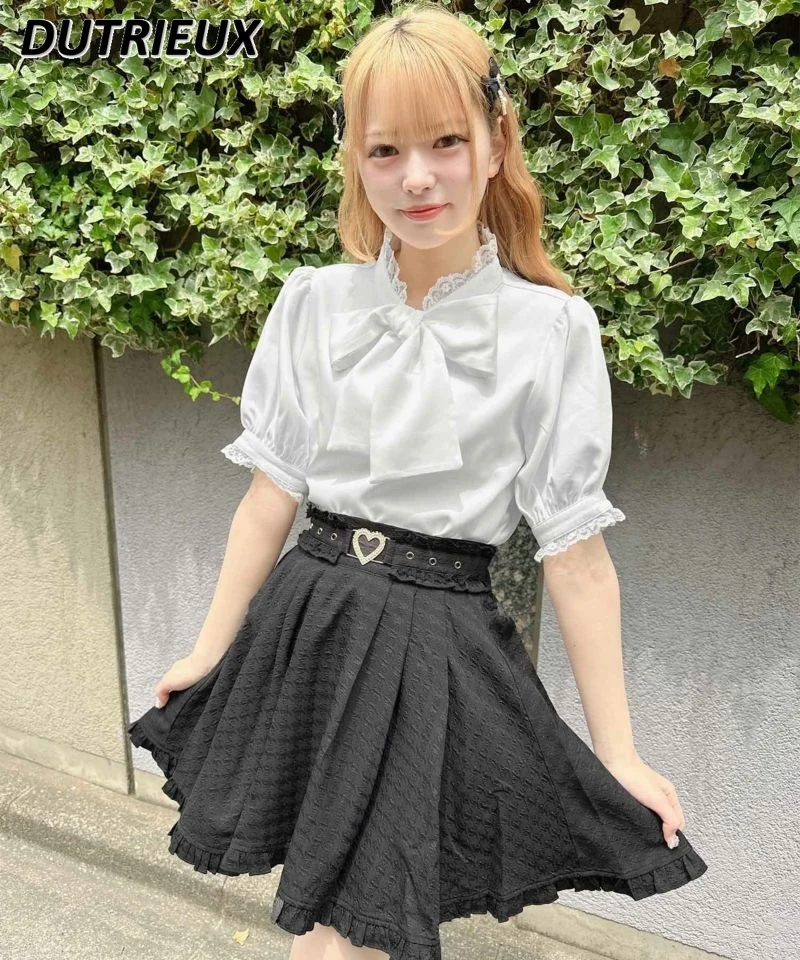 

2023 New Summer Japanese Style Rojita Skirt Houndstooth Heart Buckle Ruffled Women's Skirt Solid Color High Waist Lolita Skirt