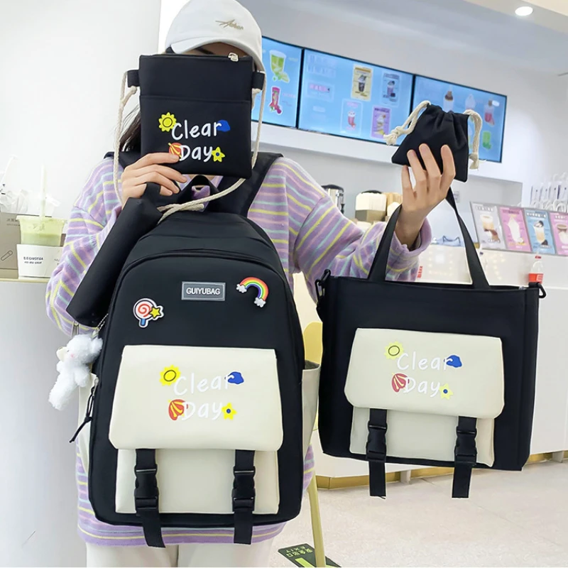 

Qyahlybz dropshipping kawaii 4-piece school bags for girls students contrast printed backpack campus children cartoon backpack