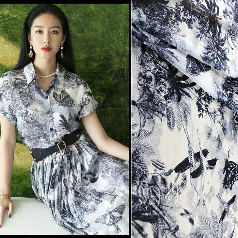 Brand Fashion Designer Polyester Chiffon Fabric Printed See-through Dress Diy Sew Shirt Thin Fabrics Cloth Per Meter