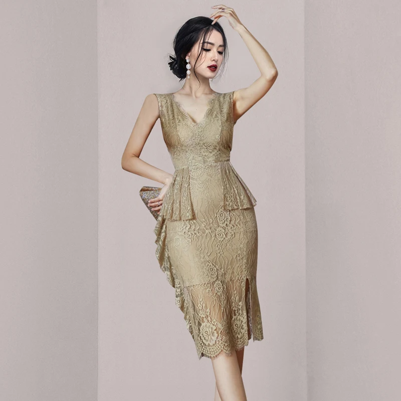 

Korean Fashion Vintage Summer Lace V Neck Dress Women Sleeveless Ruffles Bodycon Slim Sexy Hollow Out Split Club Party Dresses