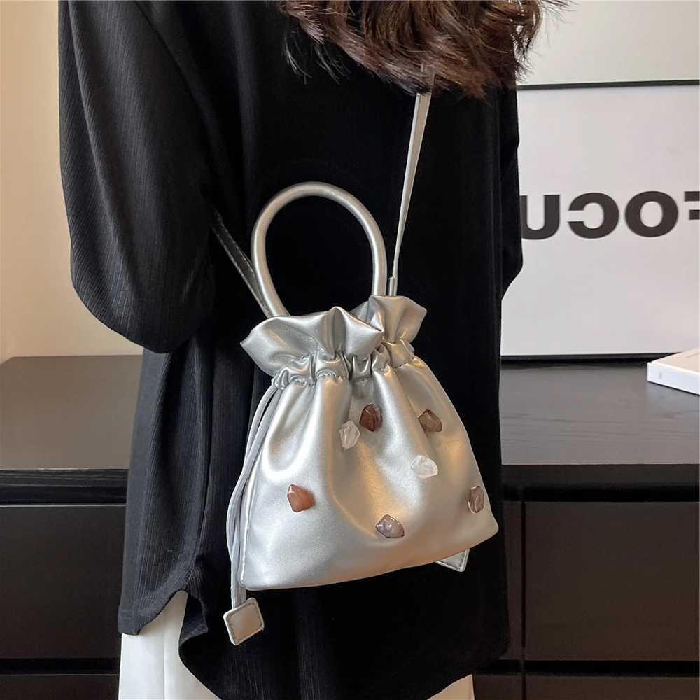 

Burminsa Drawstring Mini Bucket Crossbody Bags For Women 2023 Trend Designer Y2K Silver Shoulder Bag PU Leather Ladies Handbags