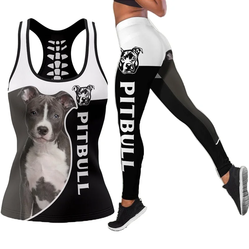 

3D Pitbull Printed Combo Hollow Tank Top& Legging Outfit for Women Yoga Pants Sport Suits XS-8XL