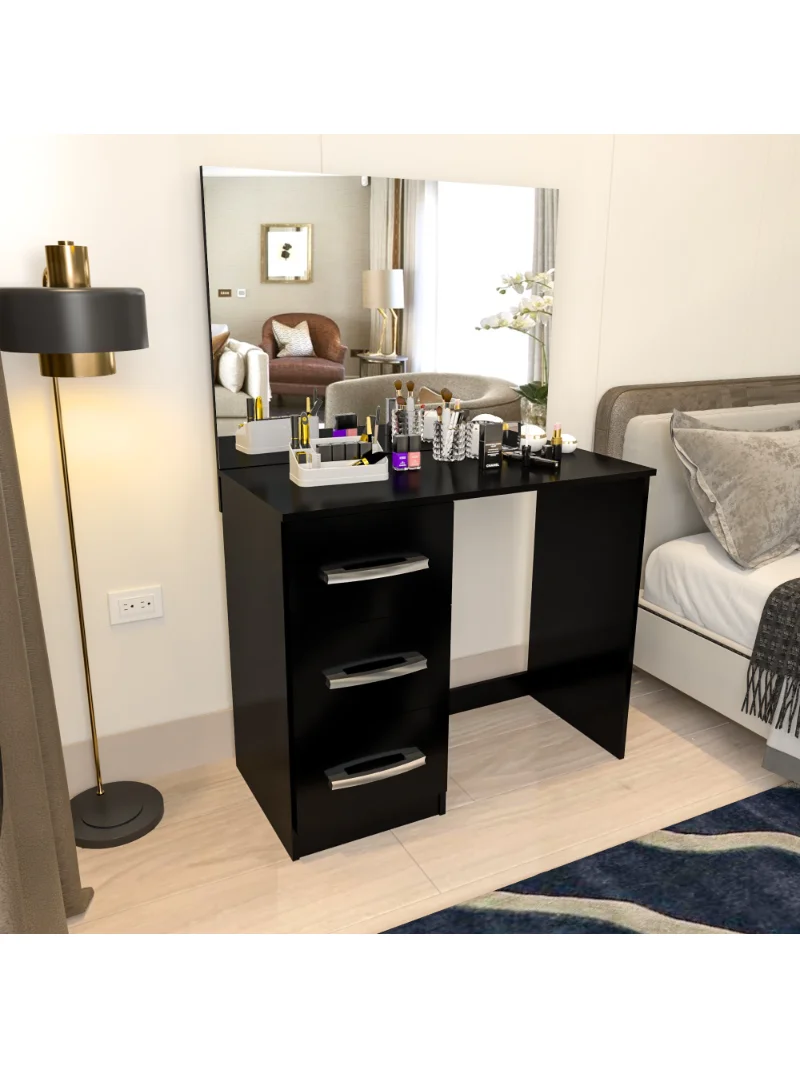 

Boahaus Kira Modern Makeup Vanity Table with 3 Drawers, Wide Mirror, Black Painted, for Bedroom