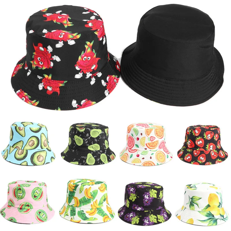 

Creative print cartoon strawberry avocado fisherman hat fashion fruit double-sided basin hat men women leisure Panama Bucket Hat