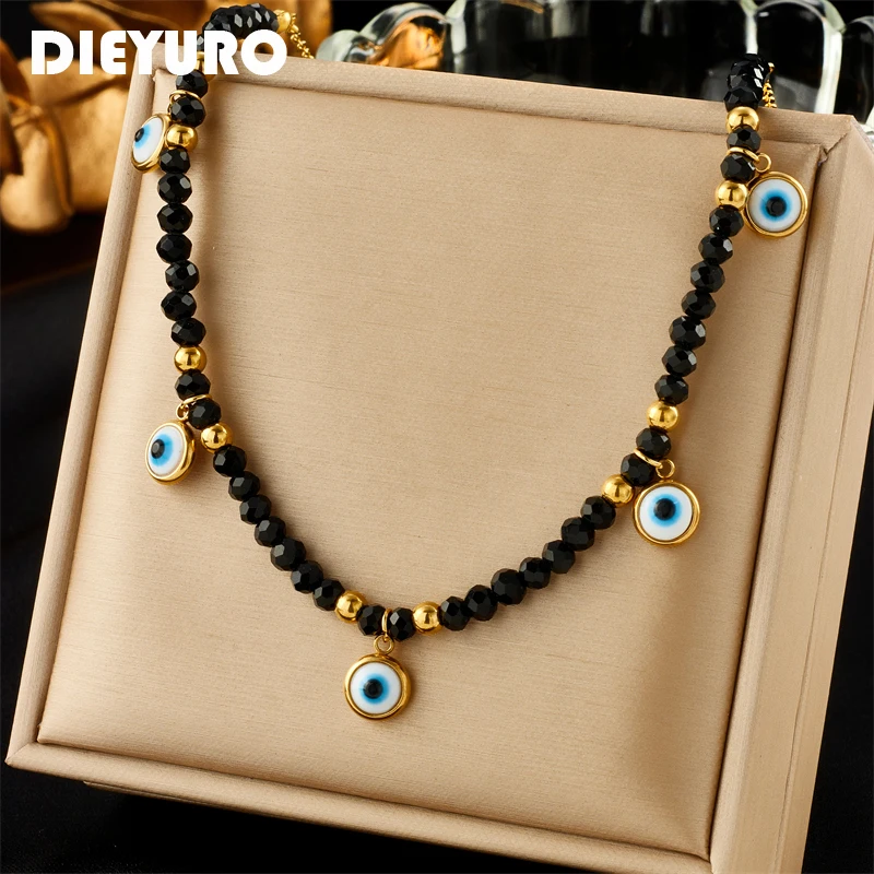 

DIEYURO 316L Stainless Steel Eye Heart Pendant Necklace For Women Girl New Trend Black Beaded Chain Jewelry Gift Party Bijoux