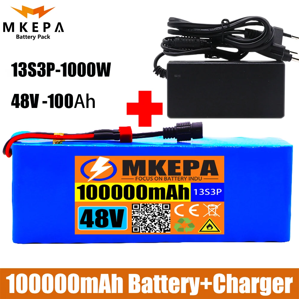 

Литий-ионный аккумулятор 13S3P, 48 В, 100000 мАч, 1000 Ач, 54,6 Вт, для электровелосипеда, скутера с зарядным устройством BMS + 2A