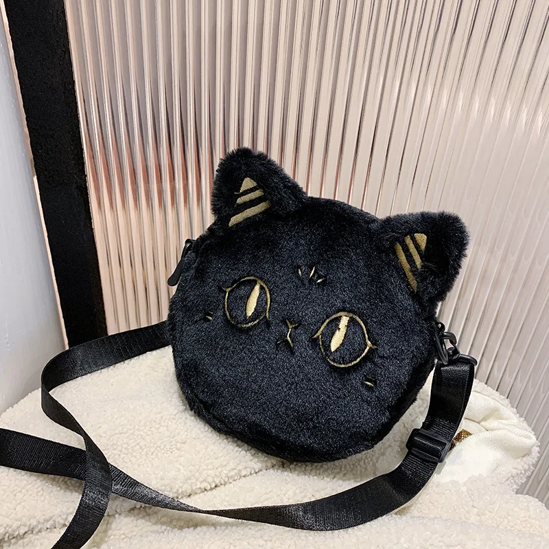 

Korean women personality plush cat bag female 2022 new fashion small shoulder bag black cat messenger bag female