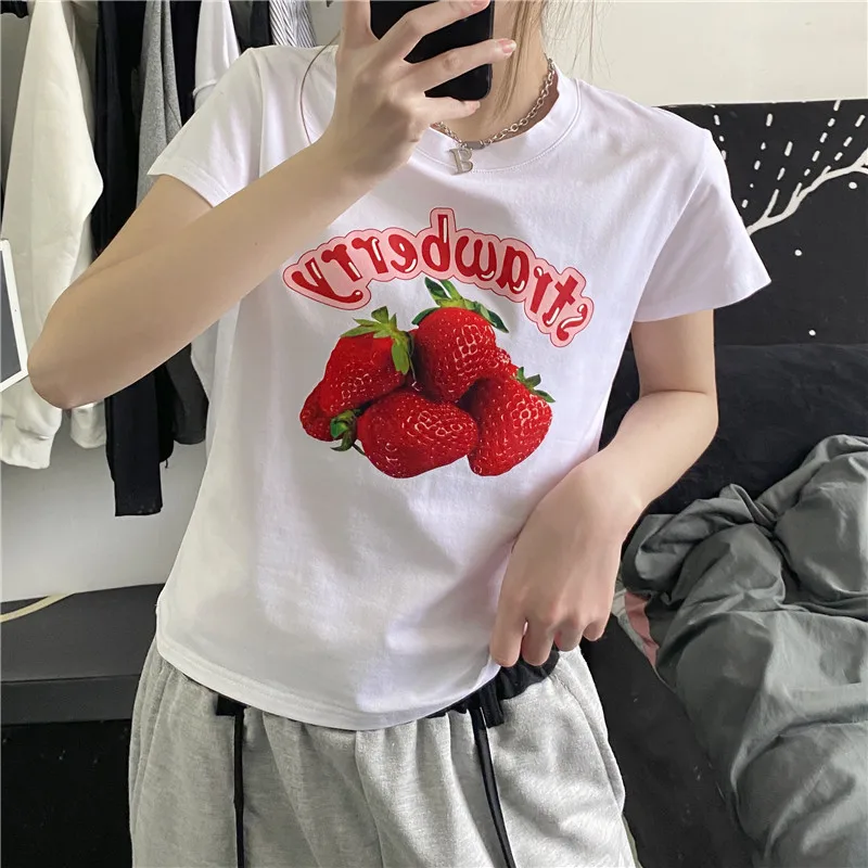 

Fashion Strawberry Print Tee Shirt Women Clothing Casual Short Sleeve T-Shirt Vintage Streetwear topTops Aesthetics Y2K Clothes
