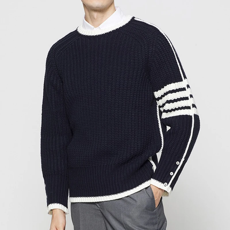 TB THOM Men's Classic Sweater High Quality Cotton Business Casual Tops for Men Fashion Brand Spring Autumn Crew Neck Knitwear