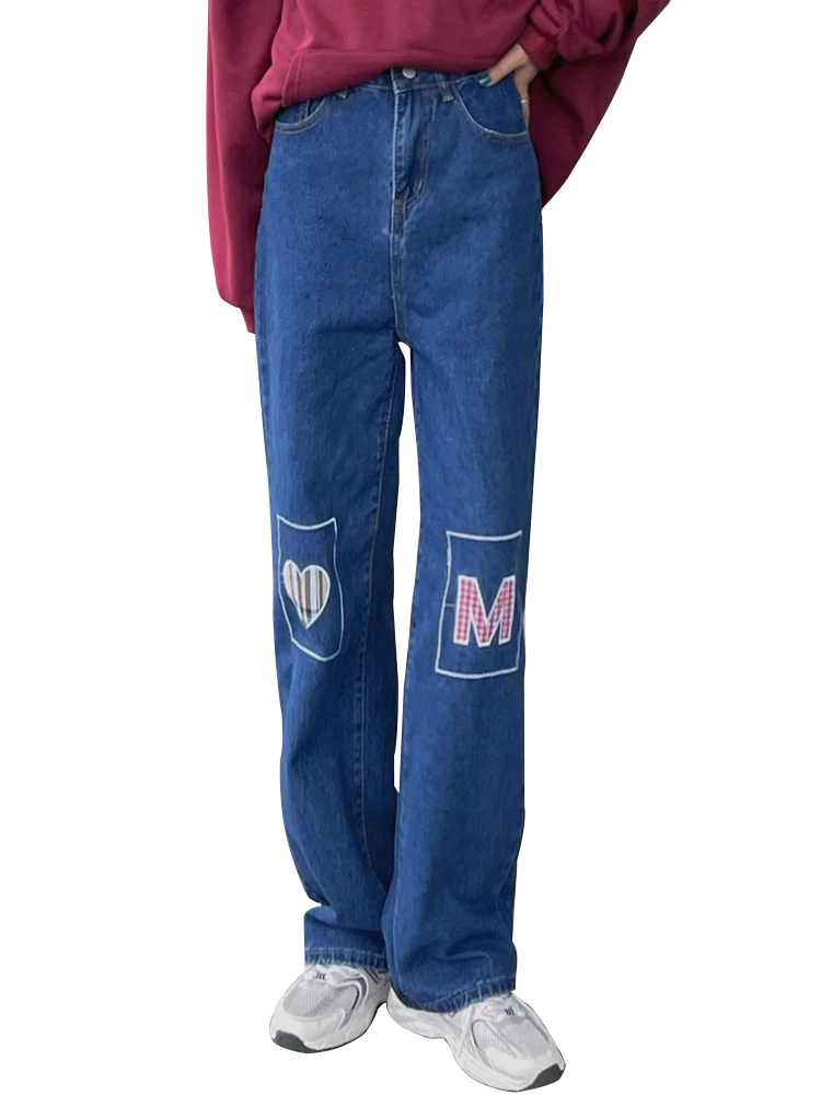 

80s retro embroidery patch straight jeans women's spring autumn new high waist thin loose wide leg pants trendy Harajuku Denim