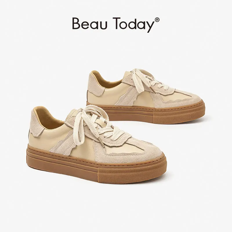 

BeauToday Casual Sneakers Women Suede Leather Patchwork Mixed Colors Lace-Up Round Toe Shoes Ladies Flats Handmade 29816