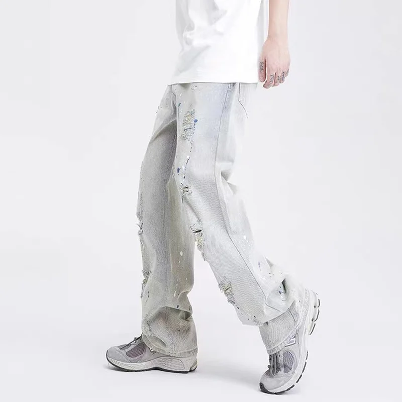 Four Seasons Men's Jeans American High Street Hole Retro Splattered Loose Y2k Pants Men's Korean Fashion Street Men's Aesthetic