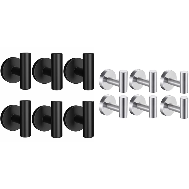 

6PCS Matte Black Robe Hooks Heavy Duty Door Hanger Towel Robe Clothes Cabinet Closet Sponges Hook For Bathroom