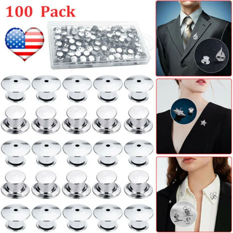 

100Pcs Metal Pin Backs Pin Keepers Locking Clasp Backs Holder Clasp Silver with Storage Box for DIY Brooch Tie Hat Badge Pins
