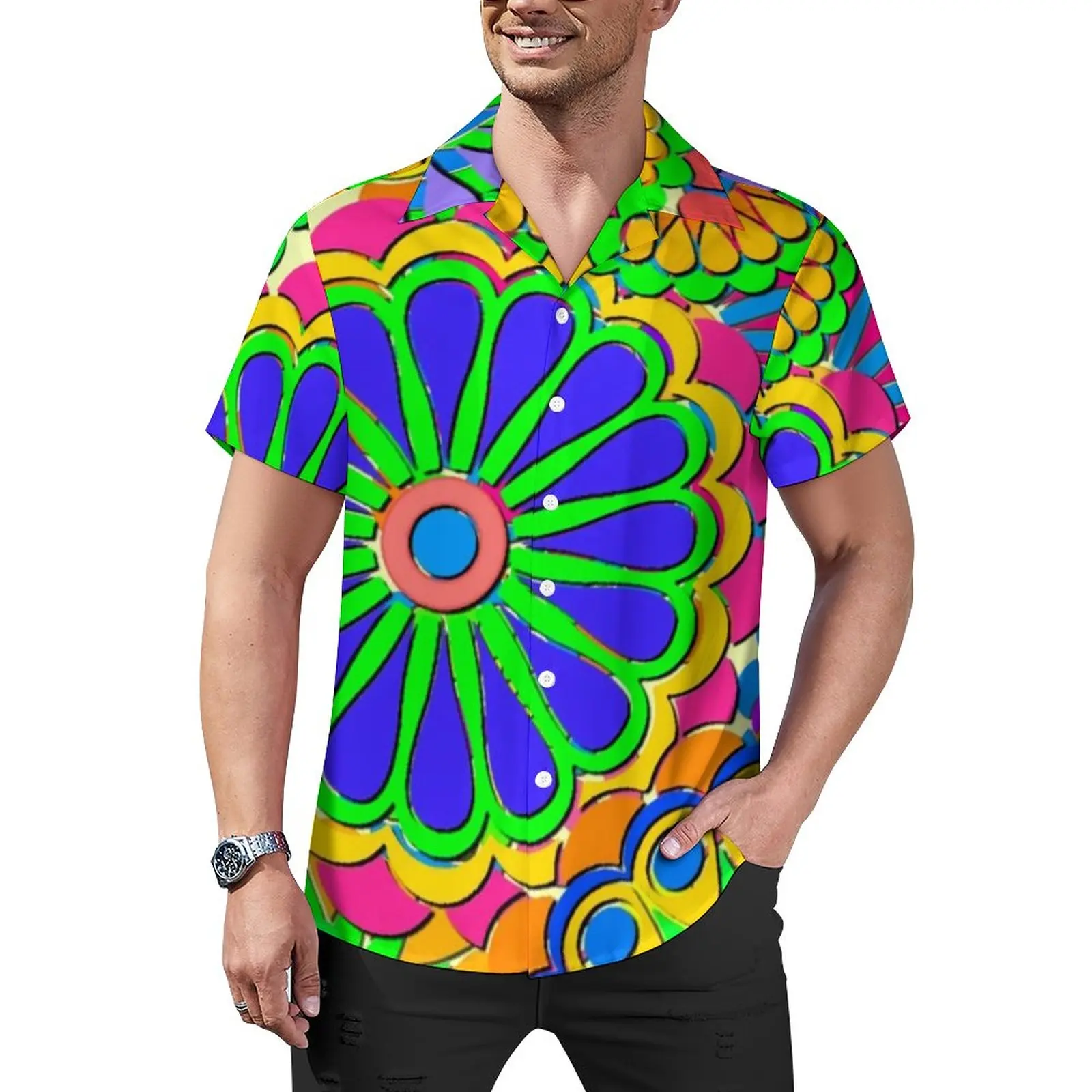 

Цветные мощные блузки с цветами, мужские яркие повседневные рубашки в стиле хиппи, гавайская стильная пляжная рубашка большого размера с короткими рукавами в индивидуальном стиле, подарок