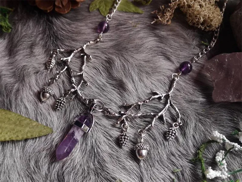 

New Natural Crystal Branch Necklace Pine Cone Pine Nut Pendant Forest Jewelry Gothic Branch Jewelry Gift for Wife