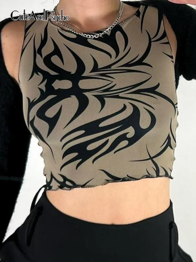 

Женская короткая рубашка в стиле Харадзюку, летняя блузка без рукавов с винтажным графическим принтом в готическом стиле, Y2K, 2000