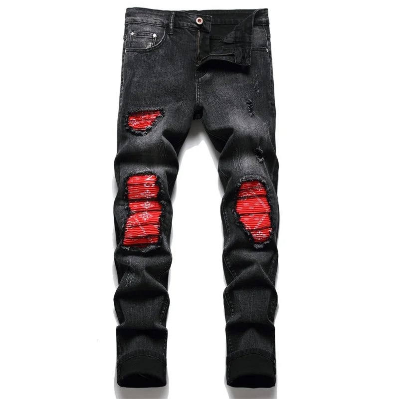 

Autumn Mens New Clothing Vintage Black Holes Ripped Motorcycle Casual Pleated Torn Stretch Denim Slim Pants Trousers Biker Jeans