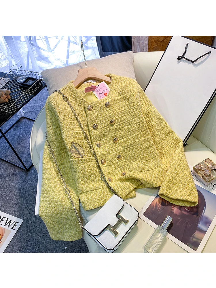 

Korean Fashion Female Yellow Tweed Jacket Coat Women Crew Neck Outerwear Double Breasted Vintage Fashion OL Suit Autumn Winter