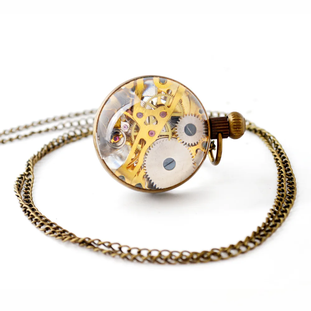 Luxury Ball Mechanical Pocket Watch for Men Women Vintage Skeleton Transparent Dial Roman Numeral Number Fob Chain Pendant Clock