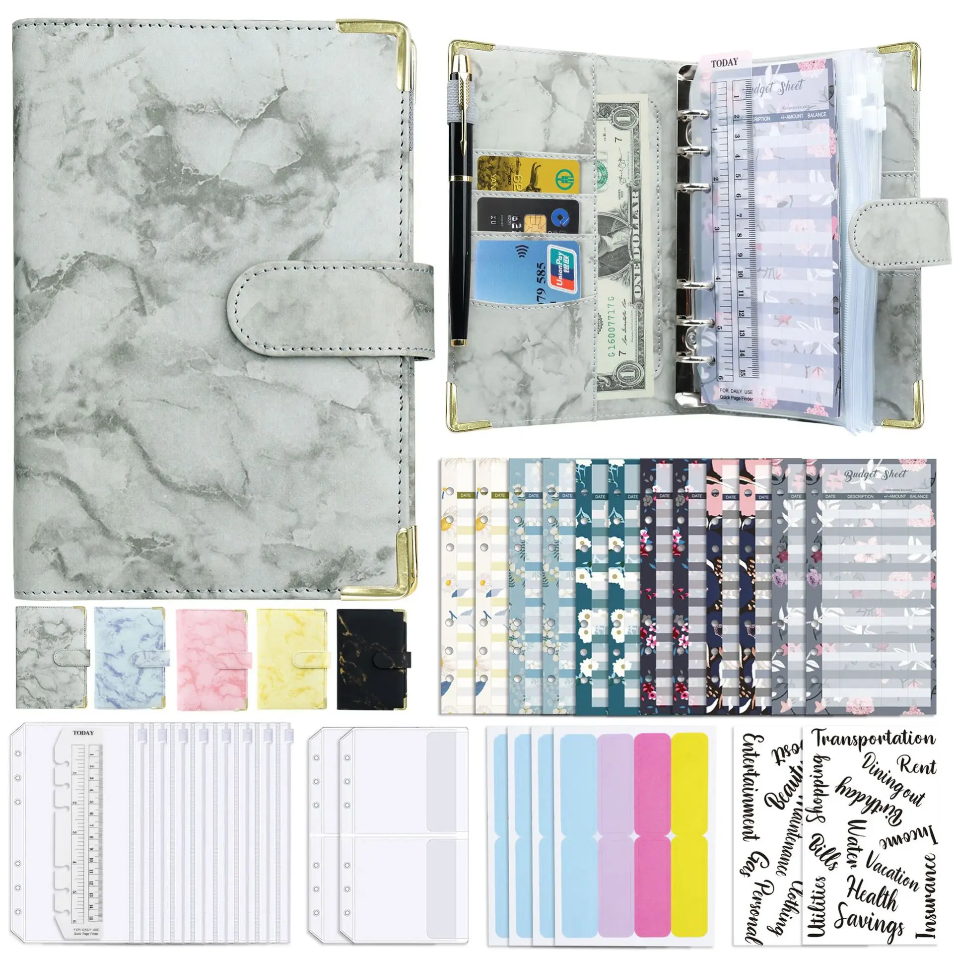 

29Pcs/Set Marble A6 Budget Binder 6 Ring PU Leather Budget Planner with Cash Envelopes Label Stickers Money Organizers