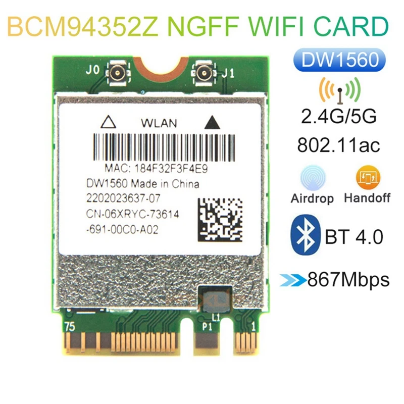 

BCM94352Z DW1560 M.2 Wi-Fi адаптер, беспроводная карта 1200 Мбит/с 802.11Ac 2,4 ГГц/телефон Bluetooth 4,0 NGFF карта для Mac OS