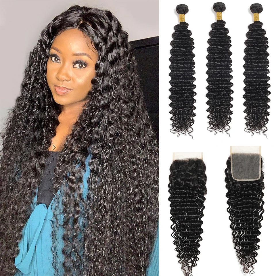 BAHW Deep Wave Bundles With Closure Brazilian Human Hair Bundles With 4X4 Lace Closure 30 Inch natural Hair Extension Weave Deal