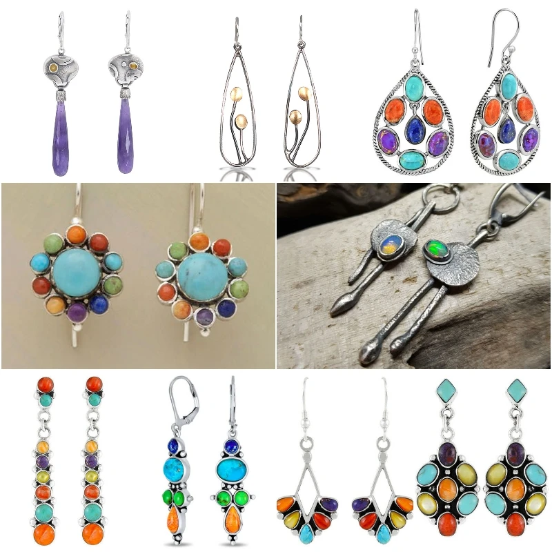 

Latest Boho Multi-color Teardrop Stone Dangle Earrings for Women Girl New Retro Ethnic Tribal Drop Earring Statement Accessories