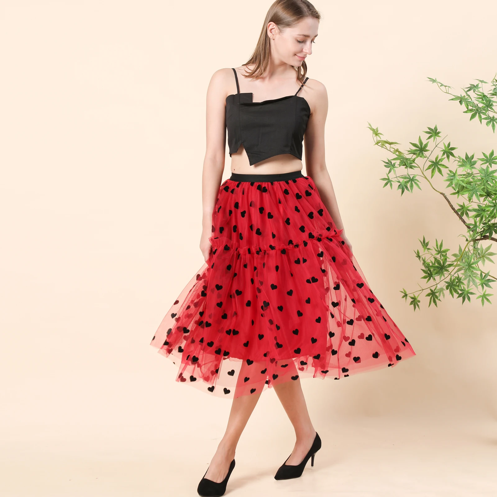 

2022 Fashion New Autumn Winter Heart Tulle Skirt Women Elastic High Waist Mesh Skirts Long Pleated Tutu Skirt Female Jupe Longue