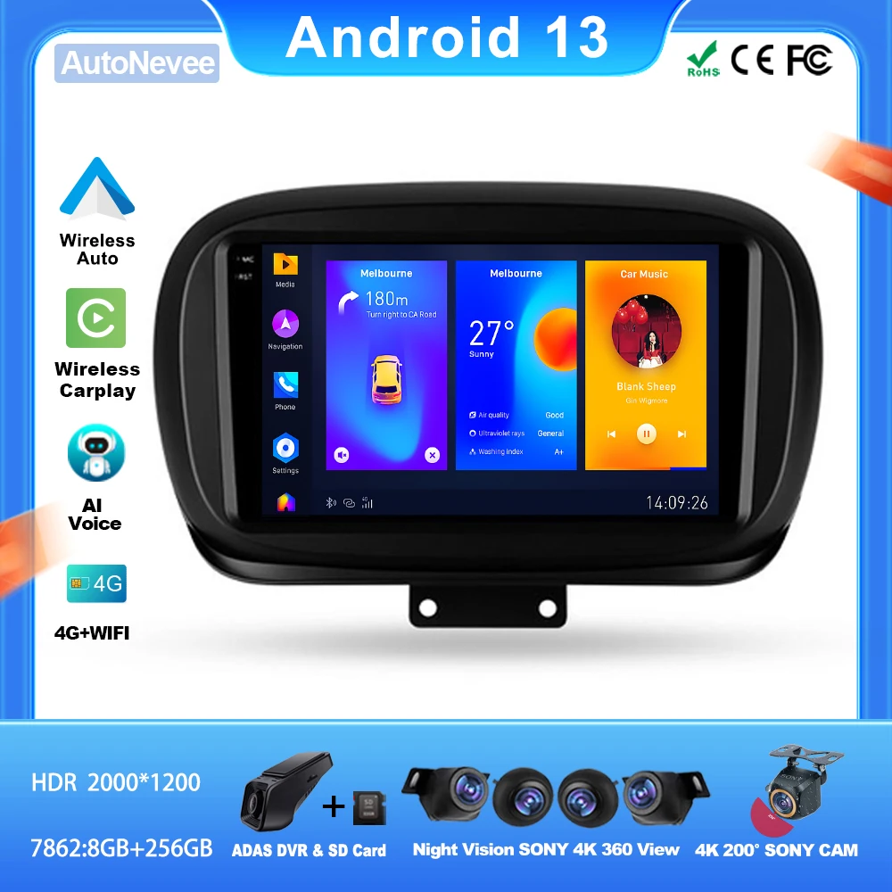 

Android для Fiat 500X 2014 - 2020 автомобильное Автомагнитола стерео головное устройство мультимедийный плеер навигация приборная панель BT 4G WiFi QLED ЦП