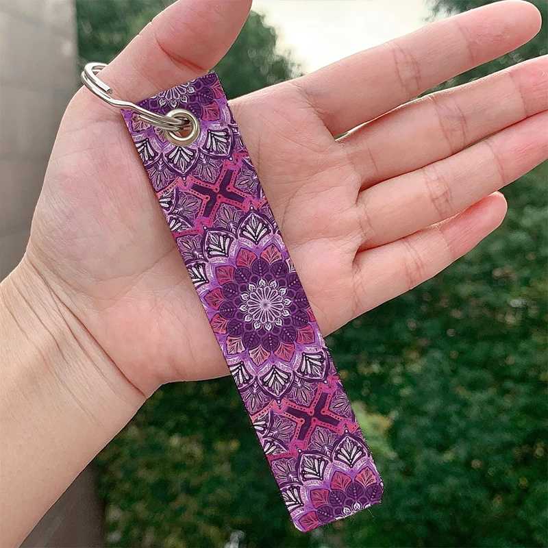 

Mandala in Deep Purple leather motorcycle Key chain Strap Key rings Hanging Holder Bag Wallet Trinket Keychain Hanging Bag gifts