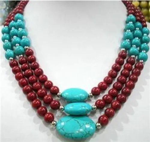 

Fashion beautiful 3 row artificial red coral calaite round beads elegant women chains necklace 17-19inch
