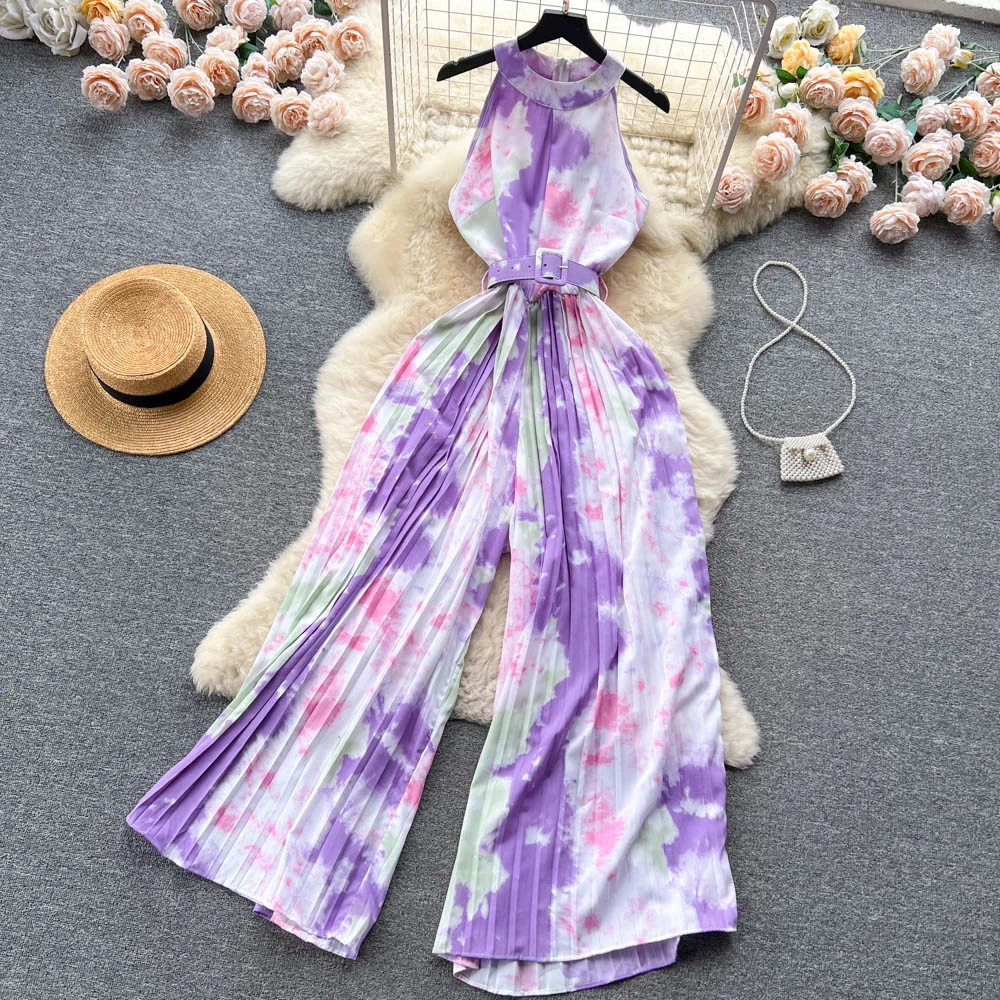 Clothland Women Chic Floral Jumpsuit Sleeveless Belt Elastic Waist Pleated Wide Leg Trousers Long Playsuits Mujer KA336