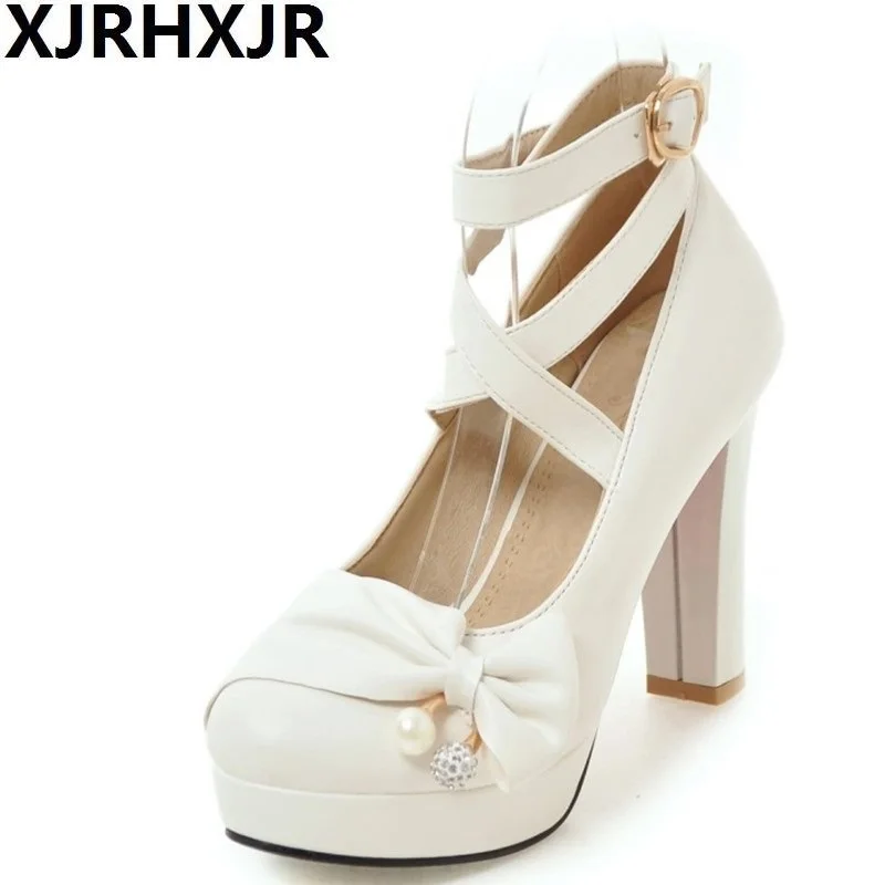

2022 New Ankle Cross Strap Women Pumps High Heels String Bead Butterfly-knot Platform Office Party White Bride Wedding Shoes