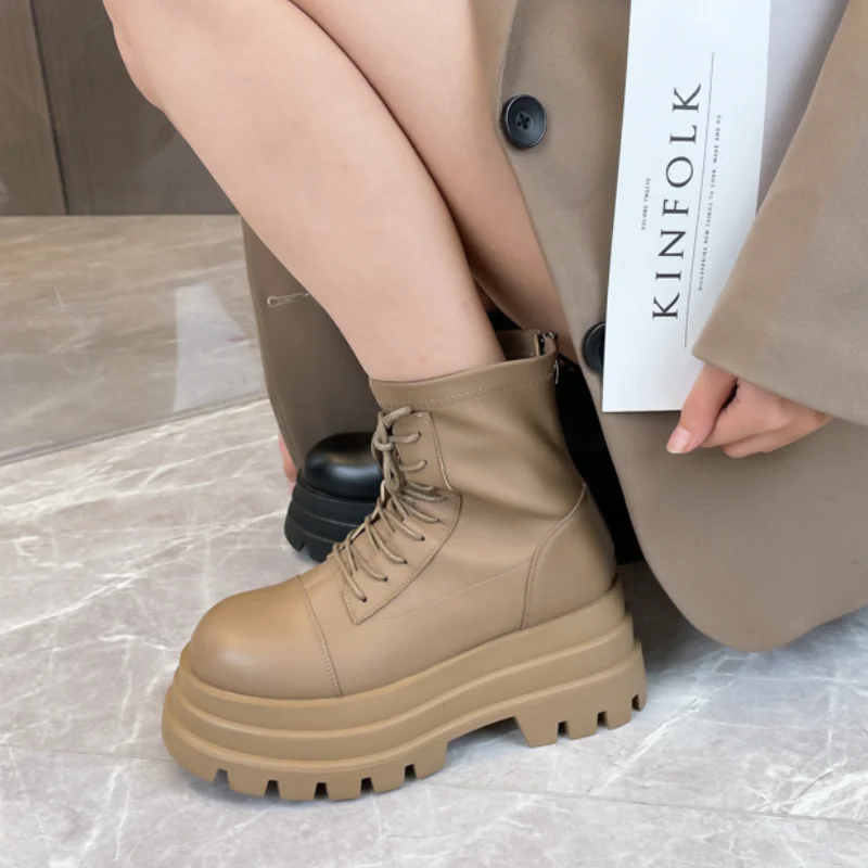 Boots Ladies New Lace Up Women's Round Toe Ladies Fall Rubber Lolita Ankle Leather Cross Botas Mujer Women Shoes Platform Shoes