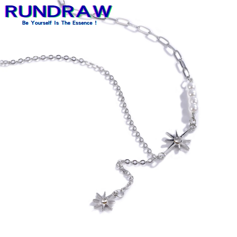 

Rundraw Trendy Hip Hop Women Men Double Star Pearl Bead Pendant Choker Chain Necklace For Fashion Korean Party Gift Jewelry