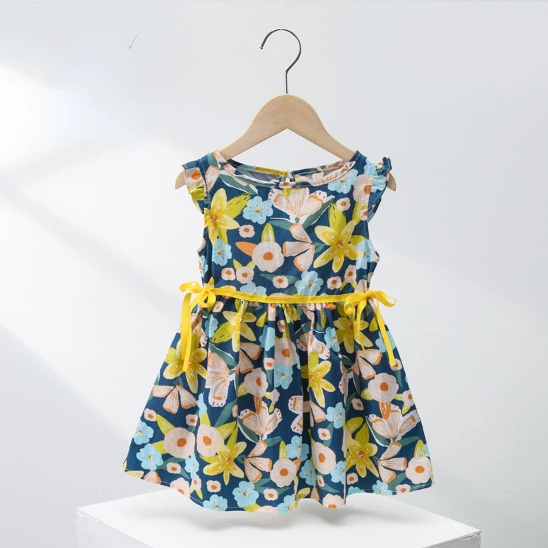 

Blue Sleeveless Flowers Girls Dress 2022 Summer Fashion Cotton Beach Holiday Dress Casual Baby Girls Princess Dress 2-5 Years