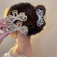 yamega big gold metal bowknot hair claws clips for women pearl clamps clip rhinestone claw pins headwear korean hair accessories