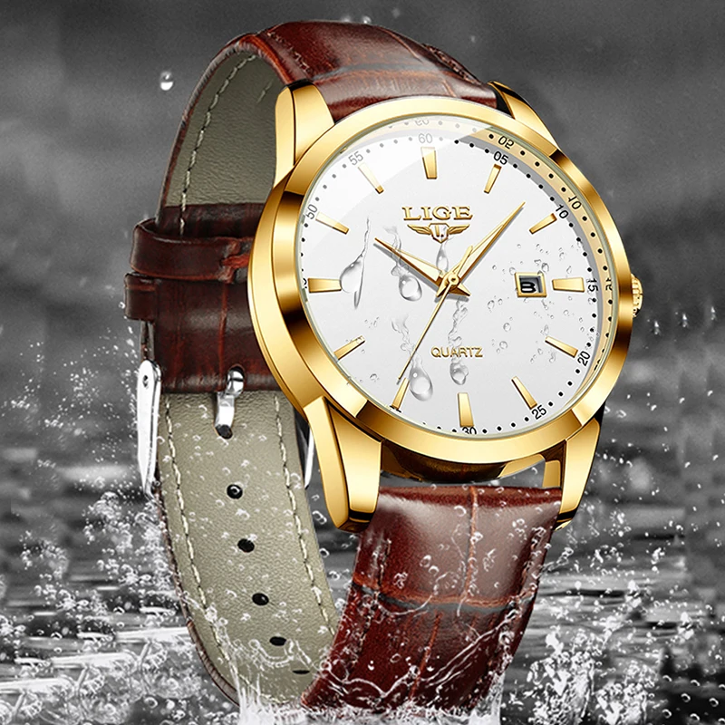 Часы наручные LIGE мужские с кожаным ремешком простые Роскошные Кварцевые