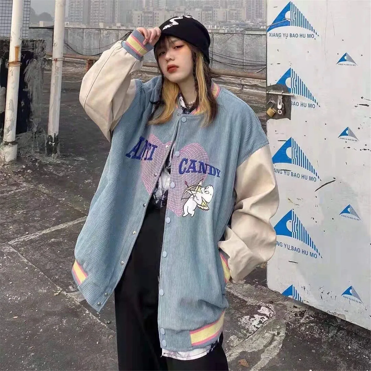

Blue Hip Hop Jacket Girls Harajuku Autumn Heart Print Hoodie Women Patchwork Jacket Oversized Tops Ins Vintage Baseball Hoodie