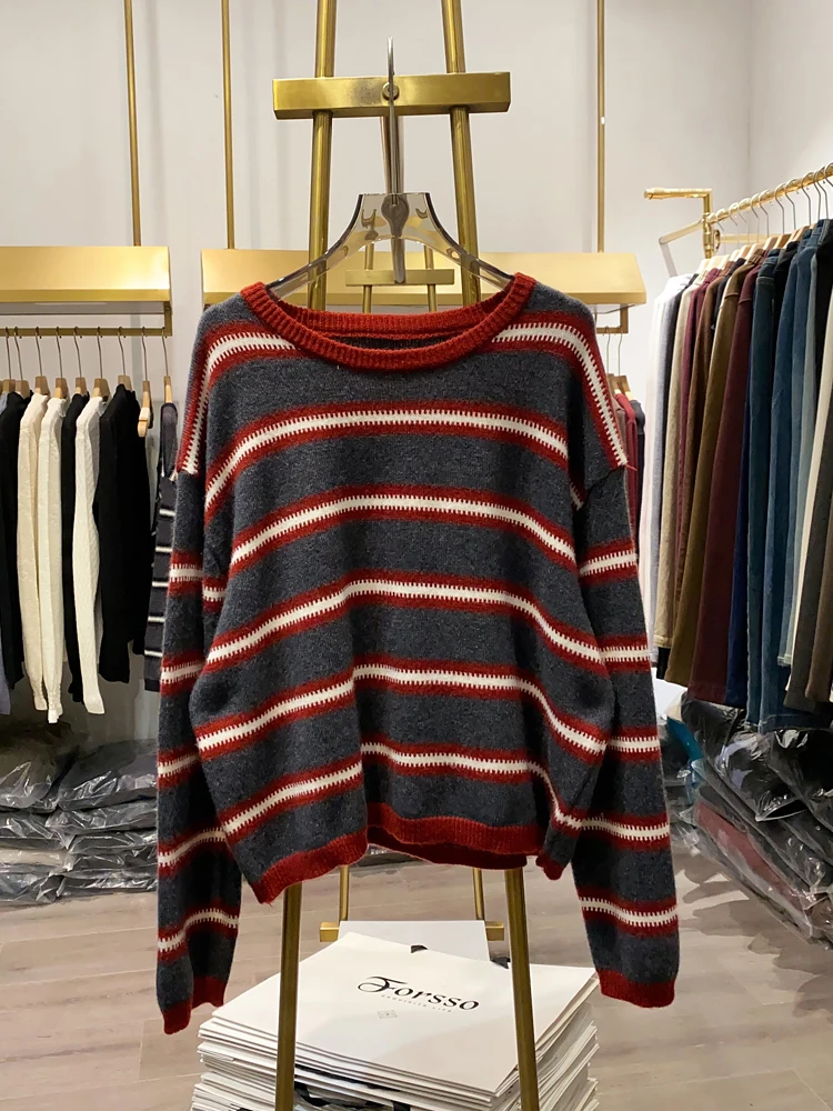 [Xiaoai Stall Real Shot] High-Grade Color Matching round Neck Striped sweater Women Winter Comfortable Soft Glutinous All-Mat...