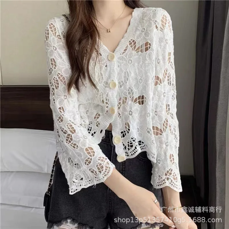 Элегантный вязаный топ с полыми крючками во французском стиле женский свободный