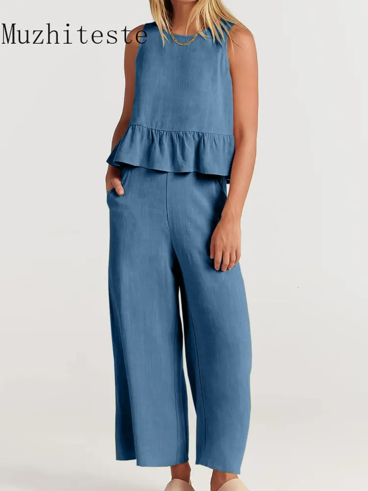 

Summer New In Cotton Linen 2 Pieces Sets for Women Sleeveless Tank Tops High Waist Wide Leg Pants Lady Oversized Chic Pant Suit