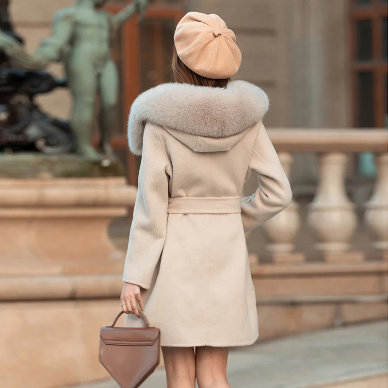 

and autumn winter women cashmere double-sided fox fur collar hooded woolen long coat