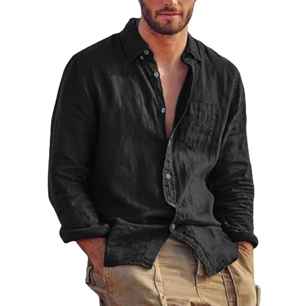 

Retro Men's Solid Long Collar Linen Button Color Stand Shirts Cotton Top Sexy Loose Autumn Sleeve
